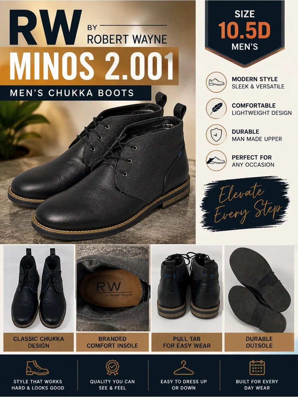 RW by Robert Wayne Minos 2.001 Men’s Chukka Boots Black Size 10.5D